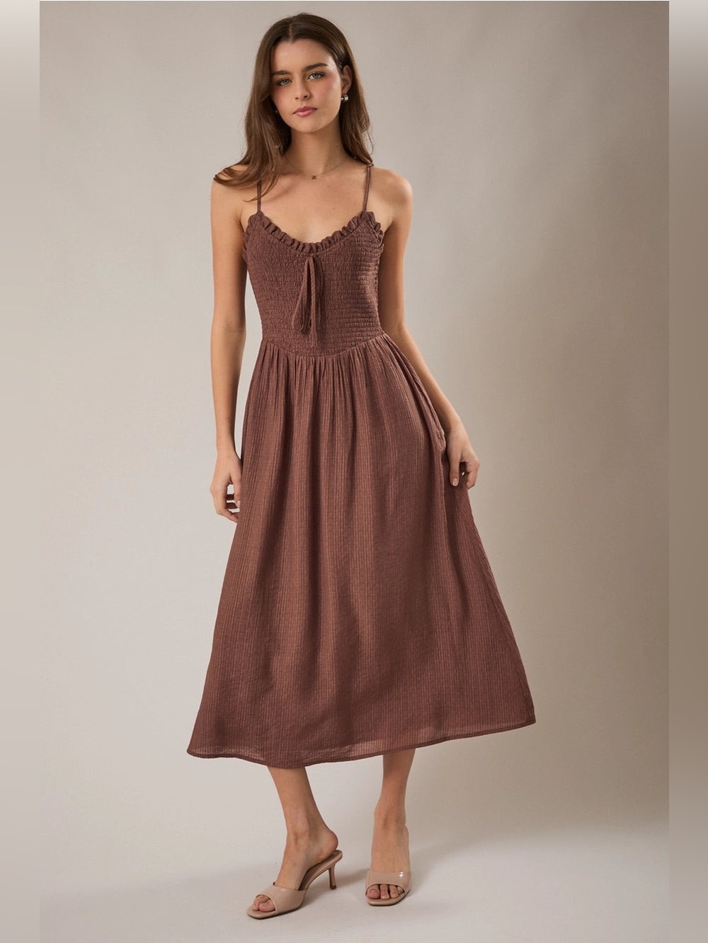 Women's Brown Smocked Midi Dress - Elegant Spaghetti Strap M